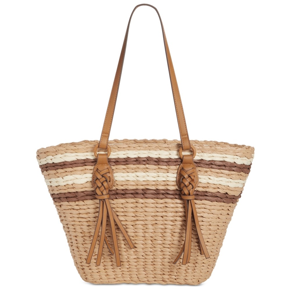 Style & Co Woven Straw Tote Bag Large with 10" handles Zip Closure‎